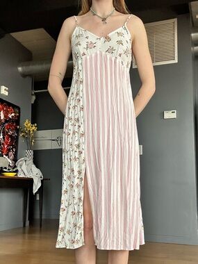 SO White Floral & Pink-Striped Slip Dress